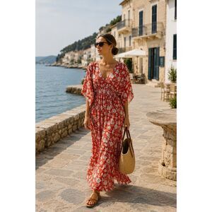 NWT Rujuta Sheth Womens Red Floral Marie Cinched Kaftan Dress Size M/L